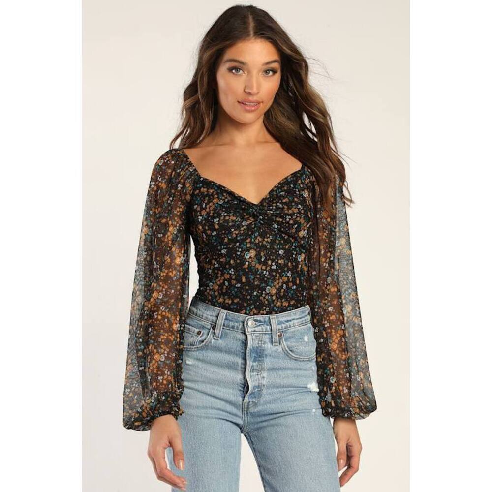 Lulus Sweet Beauty Black Floral Print Knot-front Bodysuit - Size L